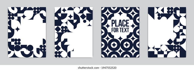 Montajes y plantillas de portada conjunto vectorial, diseños geométricos abstractos, composiciones en blanco y negro con espacios de copia para texto, diseño de arte moderno complejo.