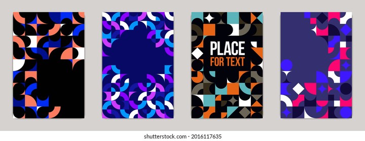 Backgrounds and cover templates vector set, abstract geometric designs, bright color compositions with copy spaces for text, complex modern art layout.