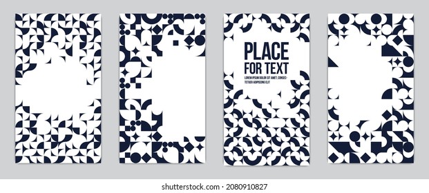 Hintergründe und Titelvorlagen, Vektorset, abstrakte geometrische Designs, Schwarz-Weiß-Kompositionen mit Textstellen, komplexes modernes Kunstlayout.