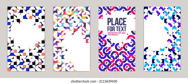 Backgrounds and cover templates vector set, abstract geometric designs, bright color compositions with copy spaces for text, complex modern art layout.