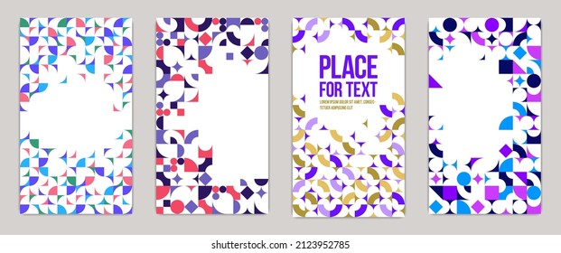 Backgrounds and cover templates vector set, abstract geometric designs, bright color compositions with copy spaces for text, complex modern art layout.