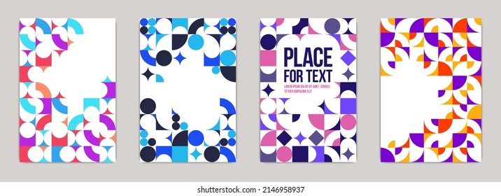 Backgrounds and cover templates vector set, abstract geometric designs, bright color compositions with copy spaces for text, complex modern art layout.
