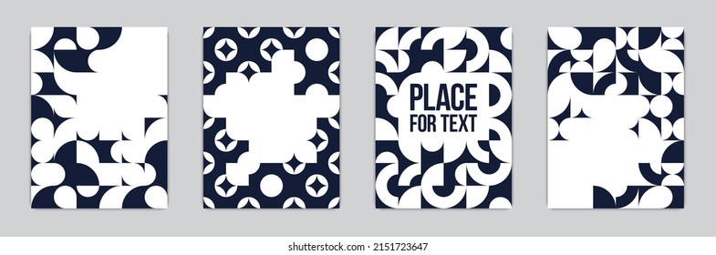 Backgrounds and cover templates vector set, abstract geometric designs, black and white compositions with copy spaces for text, complex modern art layout.