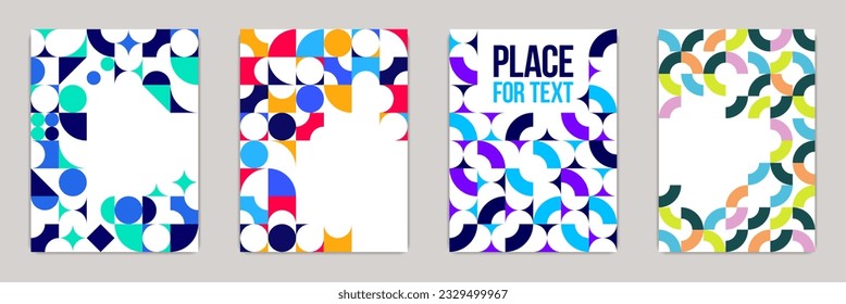 Backgrounds and cover templates vector set, abstract geometric designs, bright color compositions with copy spaces for text, complex modern art layout.