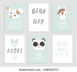 Backgrounds with cute animals and hand drawn lattering on white background, pastel colors. Wedding invitation, save the date, baby shower, bridal, birthday cards. Vector