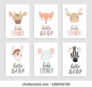 Backgrounds with cute animals and hand drawn lattering on white background, pastel colors. Wedding invitation, save the date, baby shower, bridal, birthday cards. Vector