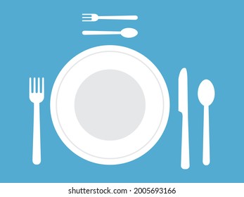 Backgrounds with dining items in flat vector illustration. Table setting in flat style. Cutlery icon. Set of fork, knife, spoon. Tableware icon. Logotype menu. Silhouette of cutlery.
