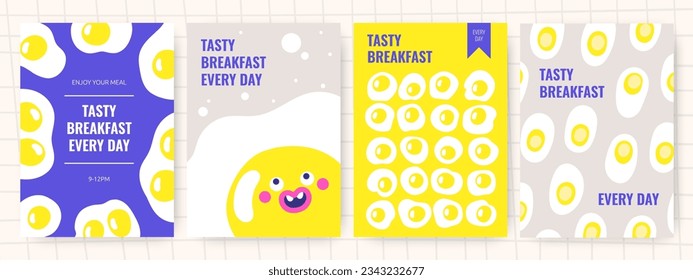 Backgrounds with doodle eggs. Funny style signboard, banner, cover, poster, brochure with fried, boiled, raw chicken, quail eggs. Modern templates set for restaurant, cafe, morning meal, breakfast