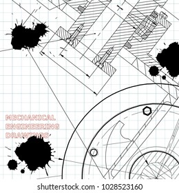 Backgrounds of engineering subjects. Technical illustration. Mechanical engineering. Technical design. Instrument making. Draft. Black Ink. Blots