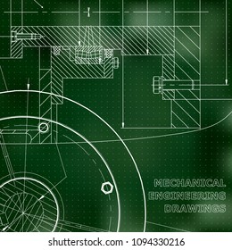 Backgrounds of engineering subjects. Technical illustration. Mechanical engineering. Technical design. Green background. Points