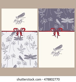 Backgrounds with flora and dragonfly. hand drawn