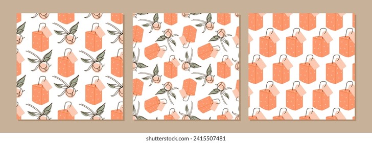 Backgrounds with flowers and gift box. Three pattern set. Seamless holiday background. Peach love illustration. Seamless patterns with peony buds. Illustration for wallpaper, wrapping paper, textile