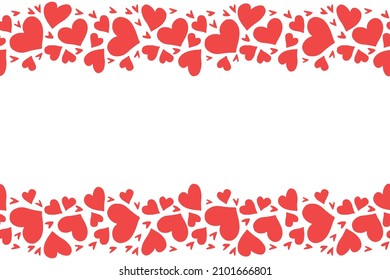 Backgrounds, frames of red hearts. Hand drawn love romance theme. Horizontal top and bottom edging, border, decoration for birthday, Valentine's day, greeting card, wedding