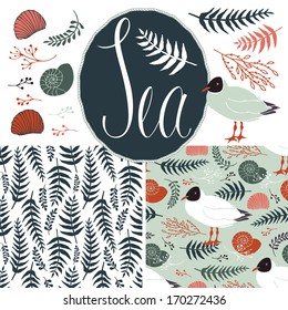 Backgrounds with gulls and ferns. Sea set