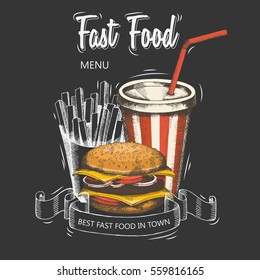 Backgrounds with a hamburger, french fries, and soda hand-drawn. Sketch. Menu for the restaurant or advertising. Vector elements of fast food