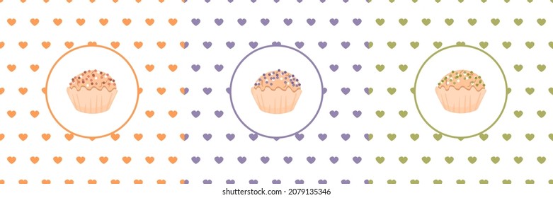 Backgrounds of hearts and patterns of cupcakes with sprinkles set. Seamless pattern design for banners, cards, covers and flyers. Vector illustration.