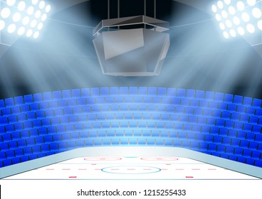 Backgrounds of ice hockey arena with ice place and scoreboard and fan seats. Editable Vector Illustration.