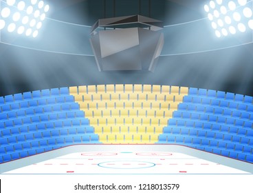 Backgrounds of ice hockey arena with ice place and scoreboard and fan seats. Editable Vector Illustration.