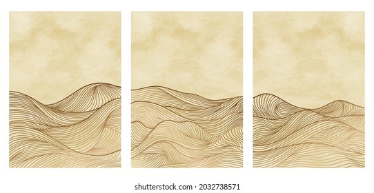 Backgrounds landscapes with line art print.  with mountain, sea, skyline, wave. vector illustrations