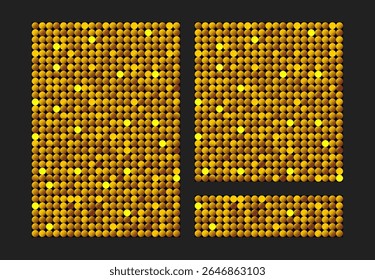 Backgrounds made of golden sequins, glitters, sparkles, paillettes. Vector luxury poster with sparkling sequins, glitter gradient dots. Template bright circle mosaic for brochure, flyer, magazine