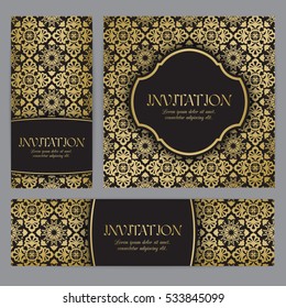 Backgrounds with mandala in gold and black colors. Based on ancient greek, islamic and turkish ornaments. Templates for invitation, banner, postcard or flyer.