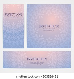 Backgrounds with mandala in pink and blue colors. Based on ancient greek, islamic and turkish ornaments. Templates for invitation, banner, postcard or flyer.
