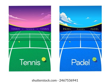 backgrounds with open air tennis and padel court with balls and place for text. Banners, posters, flyers, covers.