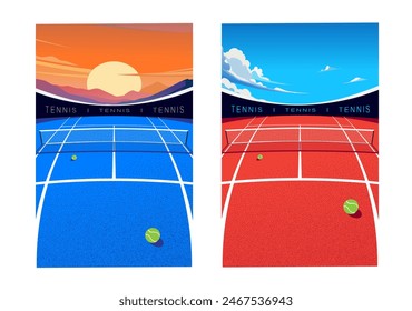 backgrounds with open air tennis and padel court with balls and place for text. Banners, posters, flyers, covers.