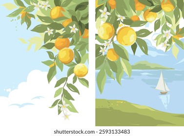 Backgrounds with orange branches and seascape. Hand drawn vector illustration in watercolor style, poster or postcard with citrus and Mediterranean landscape.