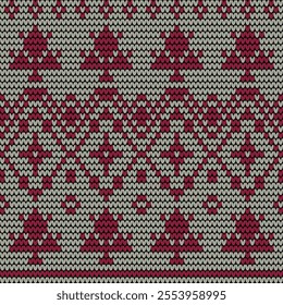 Backgrounds pattern traditional Xmas. Knitting Pattern with Christmas Trees. Knitted sweater texture or jumper knitted ornaments of vector Xmas winter holidays.