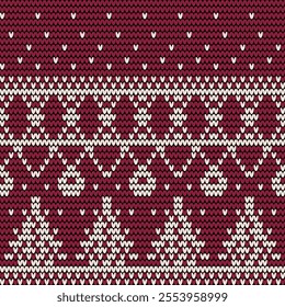 Backgrounds pattern traditional Xmas. Knitting Pattern with Christmas Trees. Knitted sweater texture or jumper knitted ornaments of vector Xmas winter holidays.