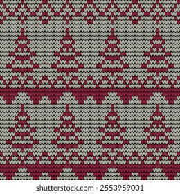 Backgrounds pattern traditional Xmas. Knitting Pattern with Christmas Trees. Knitted sweater texture or jumper knitted ornaments of vector Xmas winter holidays.