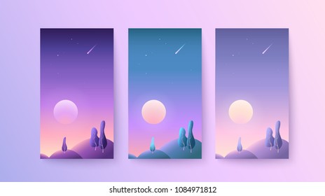 Backgrounds for phones and smartphones with a natural landscape during the dawn or summer sunset Set of vertical abstract gradient templates for banners, posters, flyers, covers, booklets Vector