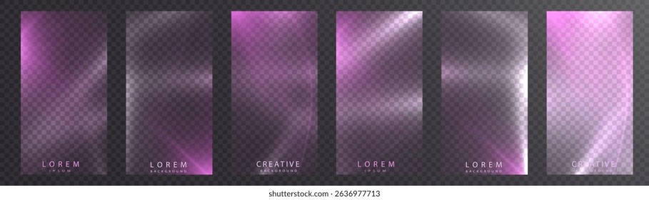 Backgrounds with pink translucent highlights and soft glow in rainbow shades. Suitable for mobile interfaces, application showcases, futuristic digital projects.