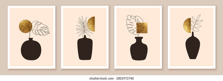 Backgrounds with pots, vases, line art exotic eaves. Golden geometric shapes. Contemporary  art minimalist composition.
