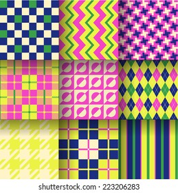 Backgrounds. Seamless pattern background with green, dark blue & pink colors. Vector illustration. Pattern Swatches made with Global Colors - quick, simple editing of color