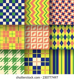 Backgrounds. Seamless pattern background with green, dark blue & orange colors. Vector illustration. Pattern Swatches made with Global Colors - quick, simple editing of color