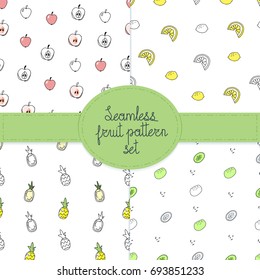 Backgrounds set drawn by the hand of apples, pineapples, banana, kiwi, lemons. Seamless fruit pattern set for fabric, wallpaper, album cover. 