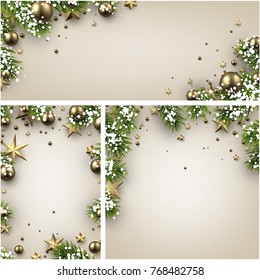 Fondos con ramas de abeto, bolas de Navidad doradas, estrellas y nieve. Ilustración vectorial.