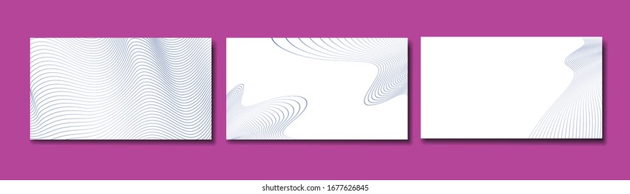 Backgrounds set of vector striped abstract backgrounds. Blue abstract shapes from lines on white. 3D effect. Modern templates for presentation, brochures, banners. Copy space, space for text. Frames.