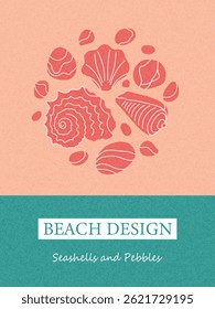 Fondos con conchas y guijarros en la arena. Dibujado a mano Plantilla de diseño de mar para la cubierta, marca, etiqueta, embalaje, publicidad, cartel. Ilustración vectorial