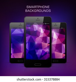 Backgrounds smartphone. Template black smartphone on blurred purple background. Three variants of the triangular mosaic pink purple background for smartphone