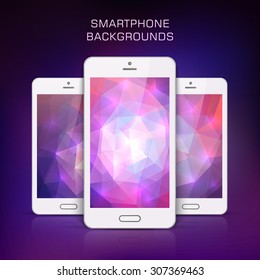 Backgrounds smartphone. Template white smartphone on blurred purple. Three variants of the triangular mosaic pink purple background for smartphone