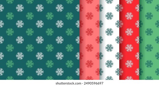 Fondos con copos de nieve. Navidades patrón sin fisuras. Establecer estampados verdes rojos de Navidad. Texturas navideñas de Nuevo año. Papeles de embalaje festivos. Fondo geométrico en diseño plano. Ilustración vectorial    