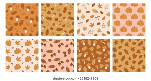 Backgrounds templates set with autumn leaves, forest mushrooms, pumpkin vegetable, oak acorns nut, rowan berries seamless pattern. Decorative foliage and seasonal texture vector illustration