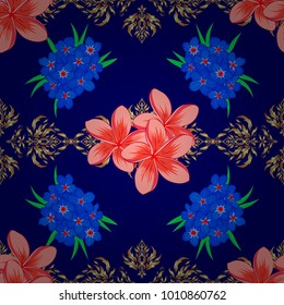 For backgrounds, textiles, wrapping papers, greeting cards. Vector illustration. Romantic seamless pattern with watercolor bouquet of abstract forget-me-not flowers in blue, pink and orange colors.