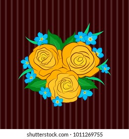 For backgrounds, textiles, wrapping papers, greeting cards. Vector sketch. Romantic seamless pattern with watercolor bouquet of abstract rose flowers and green leaves in brown, yellow and blue colors.