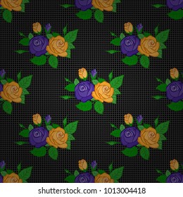 For backgrounds, textiles, wrapping papers, greeting cards. Vector design. Romantic seamless pattern with watercolor bouquet of abstract rose flowers and green leaves in gray, black and green colors.