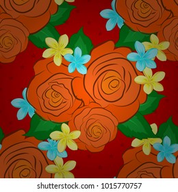 For backgrounds, textiles, wrapping papers, greeting cards. Vector sketch. Romantic seamless pattern with watercolor bouquet of abstract rose flowers and green leaves in red, green and orange colors.
