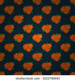 For backgrounds, textiles, wrapping papers, greeting cards. Vector sketch. Romantic seamless pattern with watercolor bouquet of abstract rose flowers and green leaves in blue, orange and green colors.